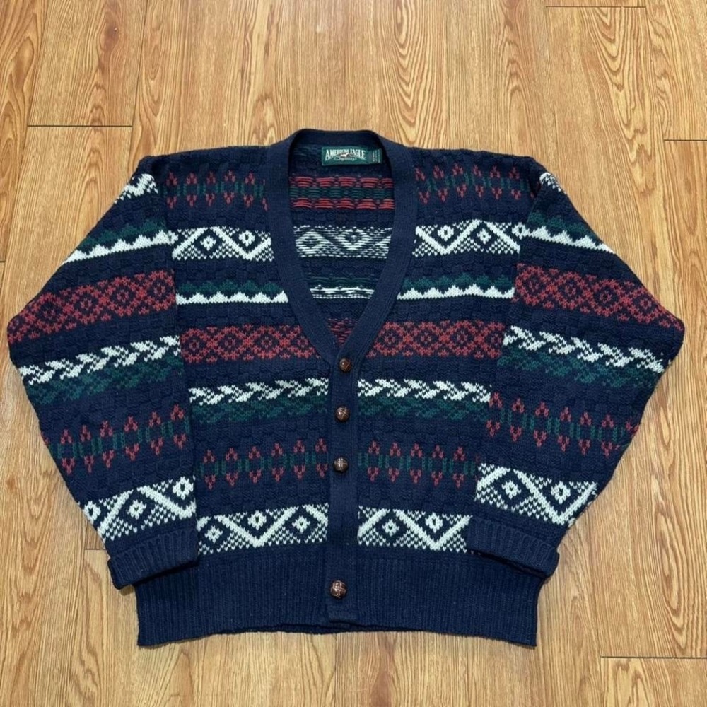 American Eagle Cardigan Vintage Wool Striped Multicolor‎ 90s Cozy Size Medium - Picture 2 of 6